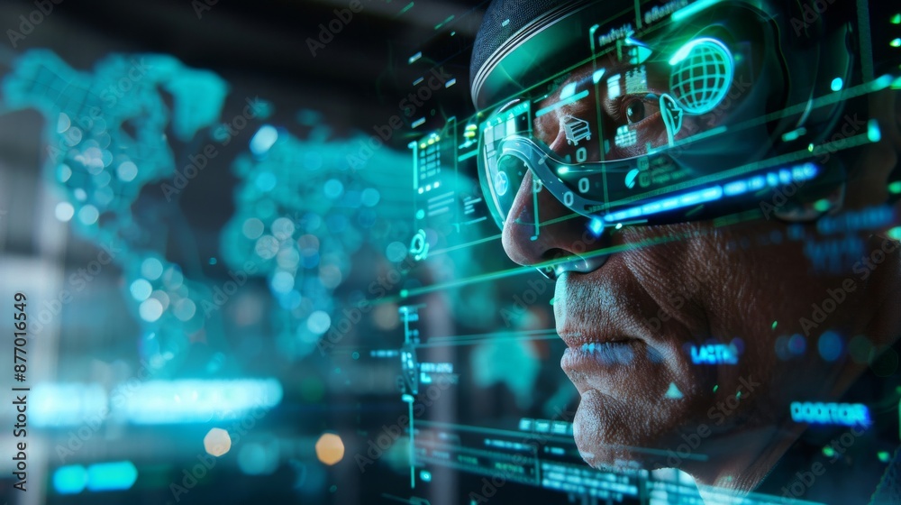 Obraz premium A man wearing futuristic augmented reality glasses, with a holographic world map displayed in front of him.