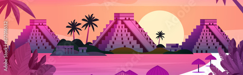 Ancient pyramids tropical landscape sunset palm trees pink and orange hues exotic scenery with foliage and beach umbrellas