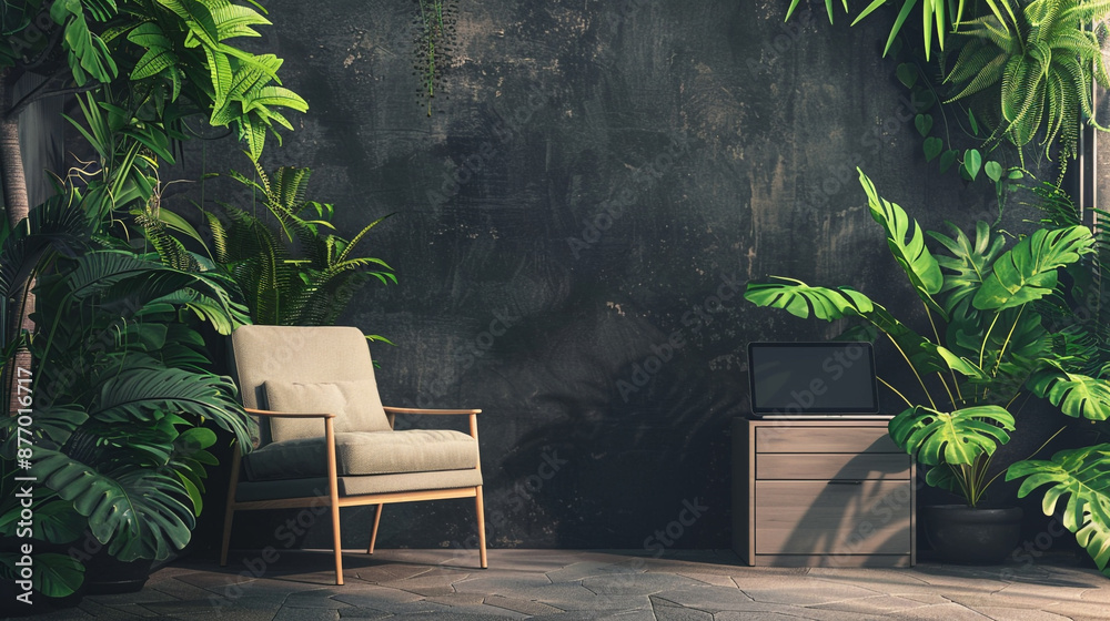 Chic 3D working room: Fashionable chair, lush greenery, and a laptop set against a bold black background Chic 3D working room: Fashionable chair, lush greenery, and a laptop set against a bold black background