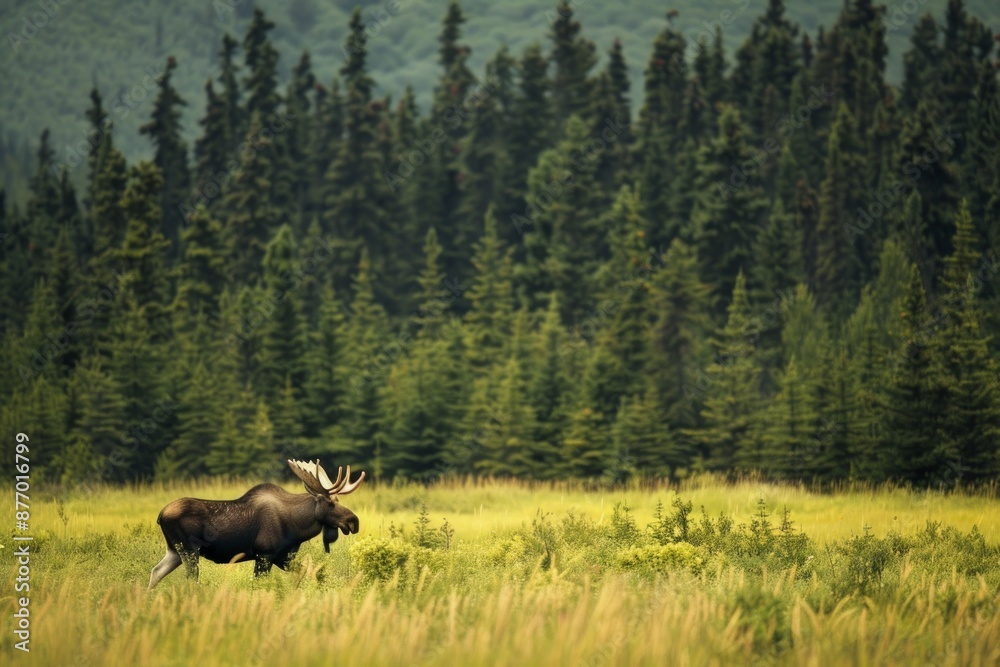 A large Alaskan Bull Moose makes his way across a field to the seclusion of the forest A large Alaskan Bull Moose makes his way across a field to the seclusion of the forest