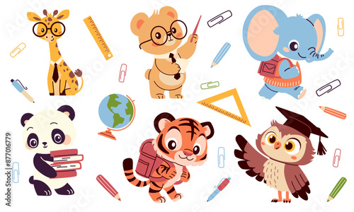 Set of flat vector illustrations in children's style on white background on the theme of learning and school. Bear giraffe tiger cub elephant owl and panda with textbooks and school bags globe ruler