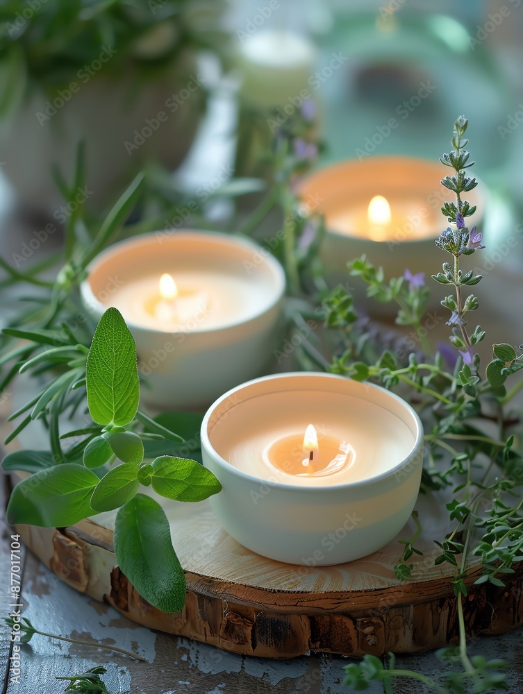 Serene aromatherapy arrangement with scented candles and fresh herbs Serene aromatherapy arrangement with scented candles and fresh herbs