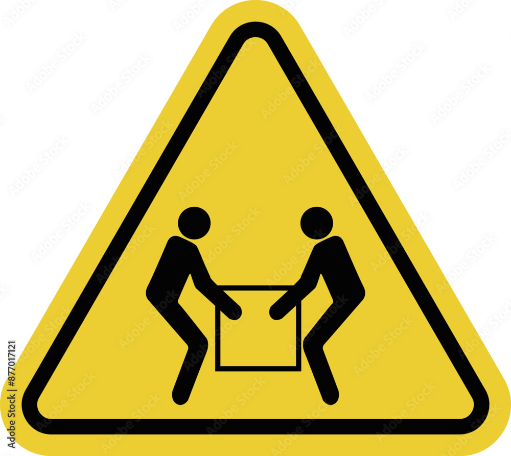 Sign two people lift load. Avoid injuries caused by improper lifting heavy objects. Lift heavy objects using two people to prevent injury and ensure safety work. Warning yellow triangular road sign. Sign two people lift load. Avoid injuries caused by improper lifting heavy objects. Lift heavy objects using two people to prevent injury and ensure safety work. Warning yellow triangular road sign.