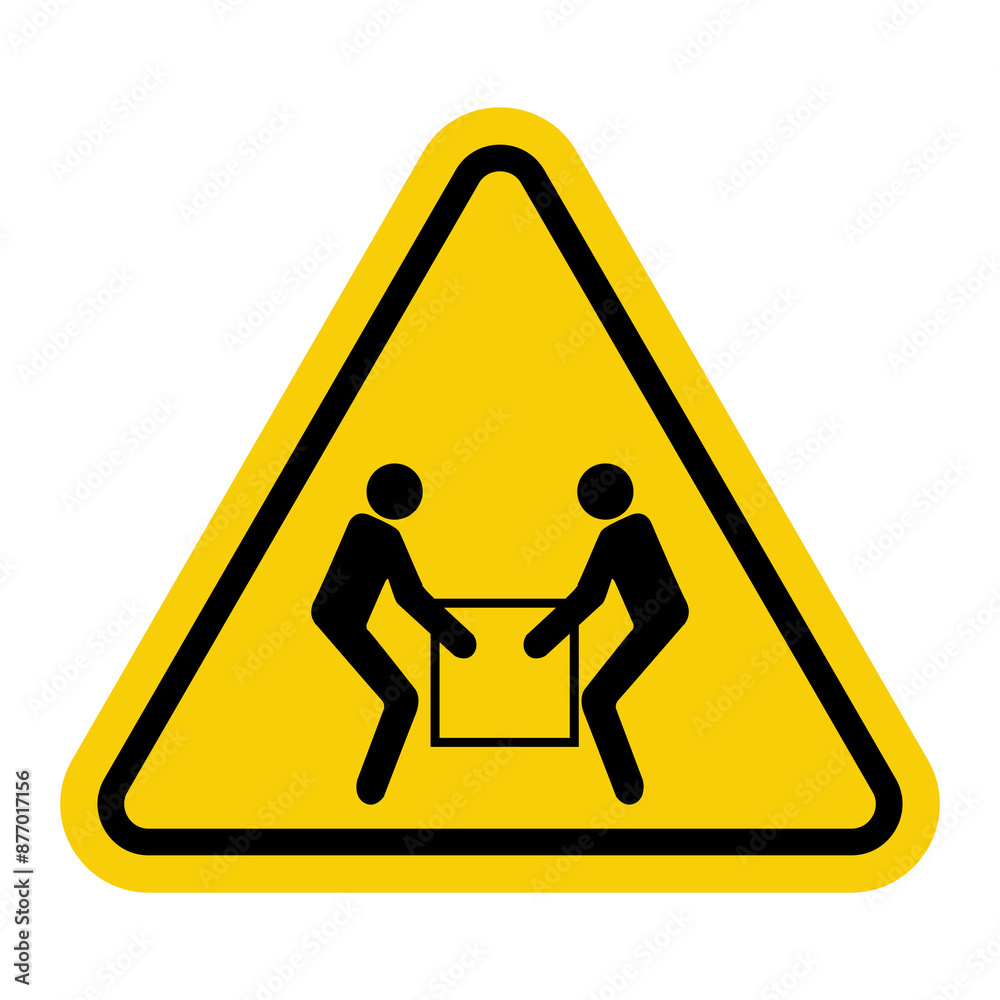 Sign two people lift load. Avoid injuries caused by improper lifting heavy objects. Lift heavy objects using two people to prevent injury and ensure safety work. Warning yellow triangular road sign. Sign two people lift load. Avoid injuries caused by improper lifting heavy objects. Lift heavy objects using two people to prevent injury and ensure safety work. Warning yellow triangular road sign.