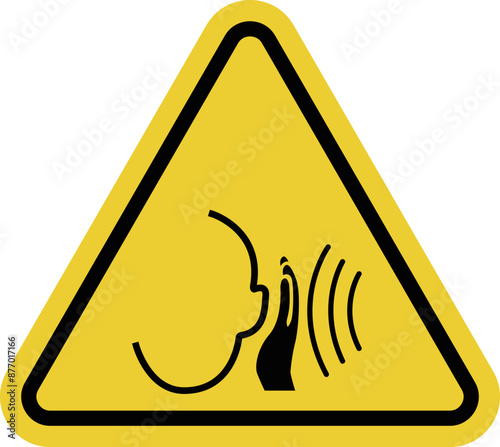 High noise areas. Hearing protection sign. Wear headphones or earplugs. Take precautions to protect your hearing. Noise protection sign. Warning yellow triangular road sign.