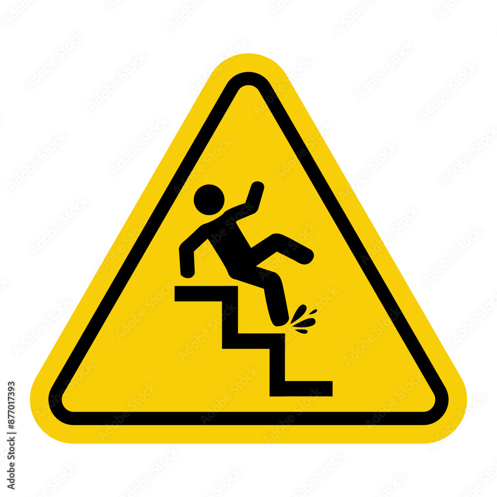 Slippery stairs sign. Caution stairs may become slippery due to weather conditions, water, oil or other factors. Prevention of accidents. Warning yellow triangular road sign. Slippery stairs sign. Caution stairs may become slippery due to weather conditions, water, oil or other factors. Prevention of accidents. Warning yellow triangular road sign.