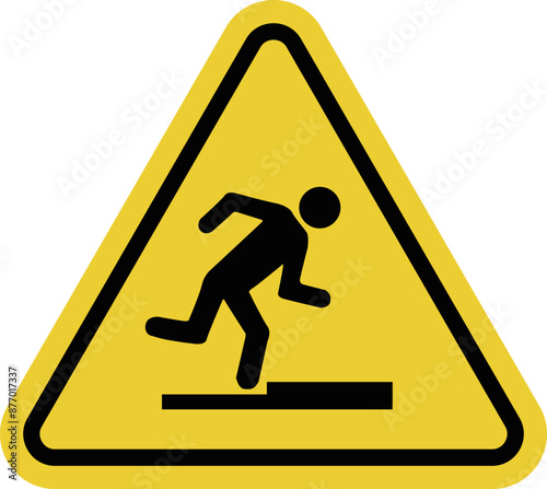 Threshold sign, curb. Obstacle sign. Sign stumble. Presence of obstacles along way that could cause trips and falls. Use caution when crossing a threshold or curb. Warning yellow triangular road sign.