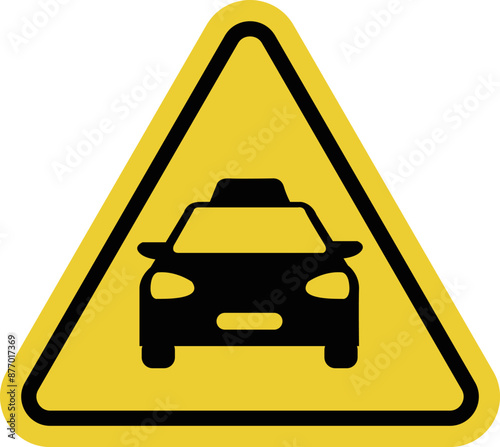 Taxi sign. Places intended for stopping and parking taxis at train stations, airports, shopping centers and other places where passengers can use taxi services. Warning yellow triangular road sign.
