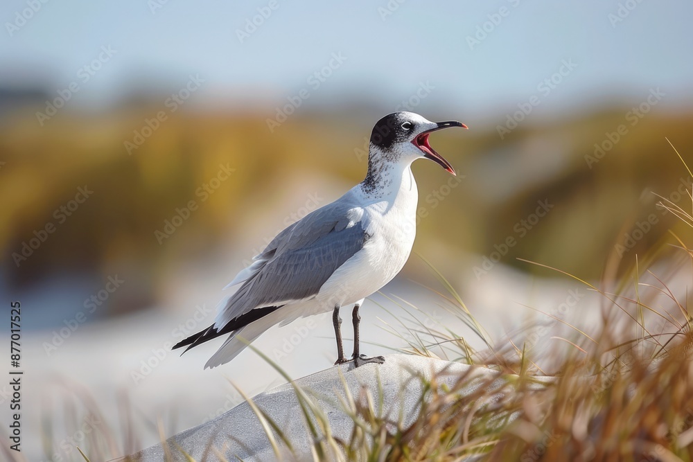 A laughing gull with mouth open perched on a dune along the shoreline A laughing gull with mouth open perched on a dune along the shoreline