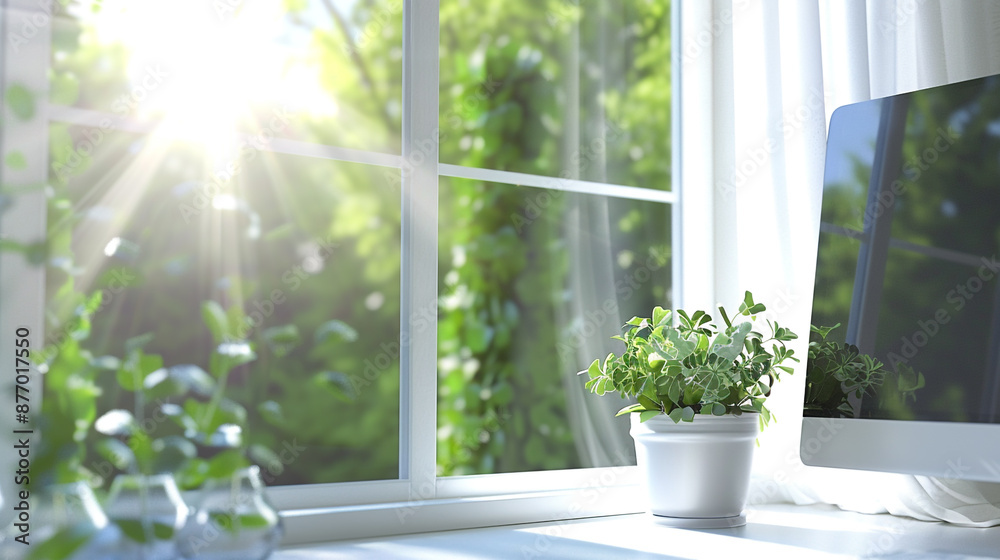 Inviting home office space with abundant natural light filtering through a picturesque window. Inviting home office space with abundant natural light filtering through a picturesque window.