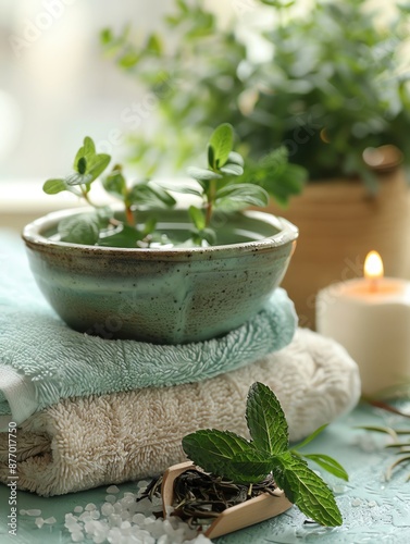 Soothing spa arrangement with herbal teas and fresh mint leaves