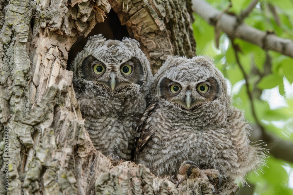 A pair of growing Eastern Screech Owlets smash together in their undersize tree cavity nest. A pair of growing Eastern Screech Owlets smash together in their undersize tree cavity nest.