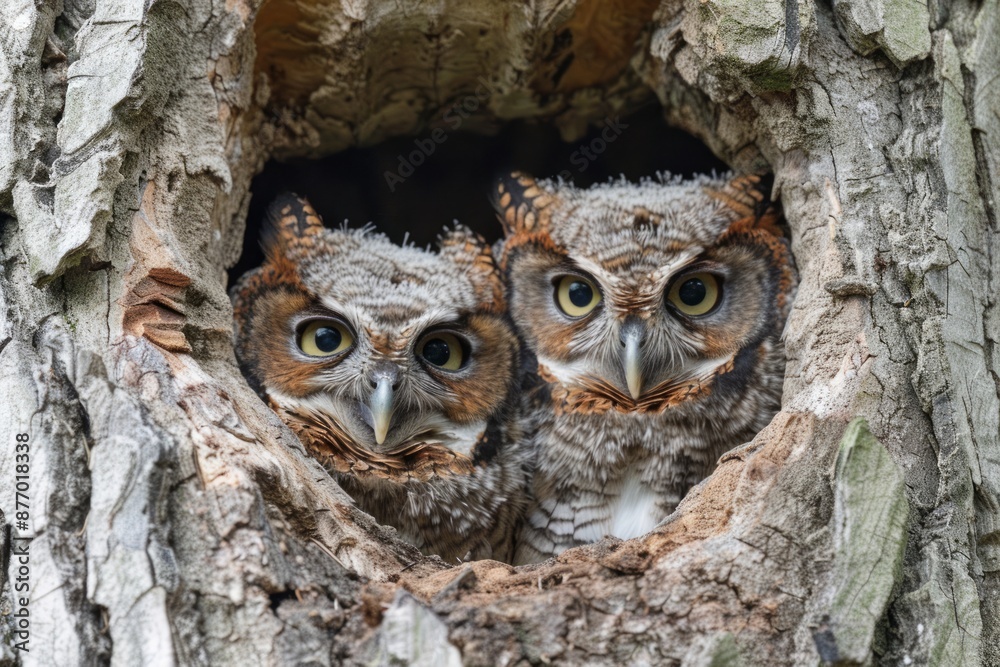 A pair of growing Eastern Screech Owlets smash together in their undersize tree cavity nest. A pair of growing Eastern Screech Owlets smash together in their undersize tree cavity nest.