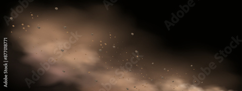 Vector background of a sand explosion with dirt and cloud smoke. Brown sandstorm splash and  dirty ground with a textured wind effect.Yellow flying particles and stone.