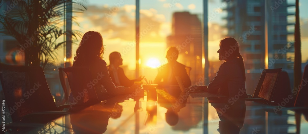 Silhouettes of professionals having a meeting in a modern office with a stunning sunset and city skyline in the background. Silhouettes of professionals having a meeting in a modern office with a stunning sunset and city skyline in the background.