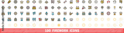 100 firework icons set. Color line set of firework vector icons thin line color flat on white