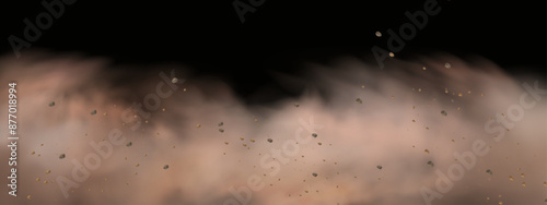 Vector background of a sand explosion with dirt and cloud smoke. Brown sandstorm splash and  dirty ground with a textured wind effect.Yellow flying particles and stone.