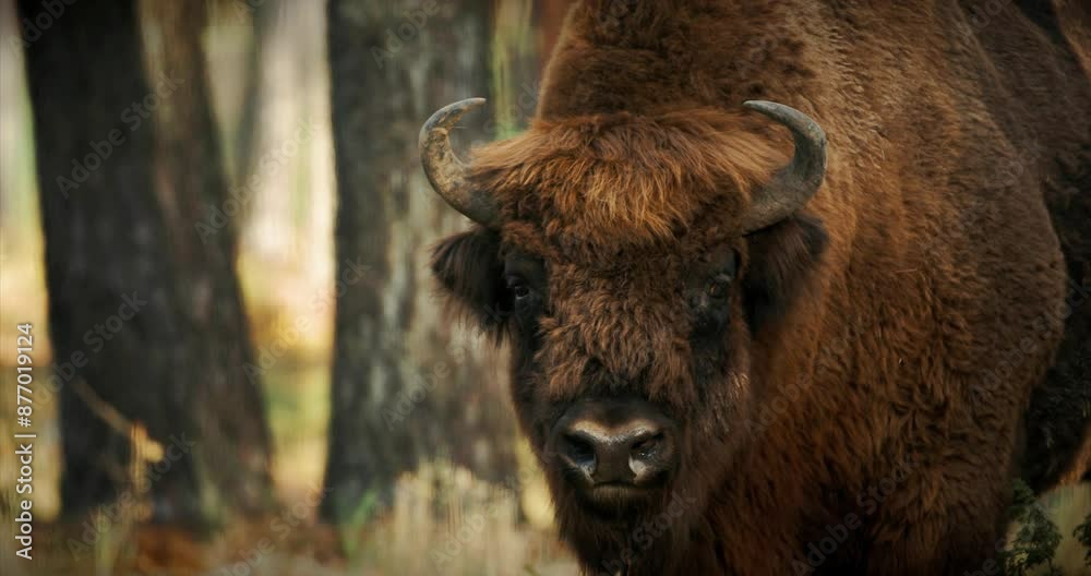 European Bison Or Bison Bonasus, Also Known As Wisent Or European Wood Bison In Autumn Forest close up head portrait European Bison Or Bison Bonasus, Also Known As Wisent Or European Wood Bison In Autumn Forest close up head portrait