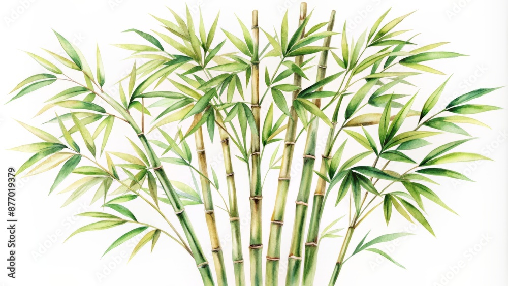 Fototapeta premium Delicate hand-painted watercolor illustration of bamboo in gentle hues with subtle texture isolated on a clean crisp white background.