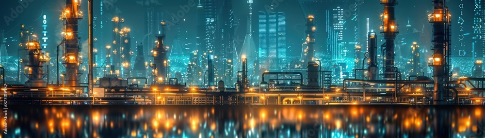 Fototapeta premium A panoramic view of a futuristic industrial cityscape at night, featuring illuminated skyscrapers and vibrant reflections on the water.