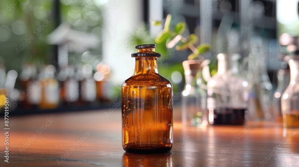 Sulfuric acid in amber glass bottle in lab with space for text