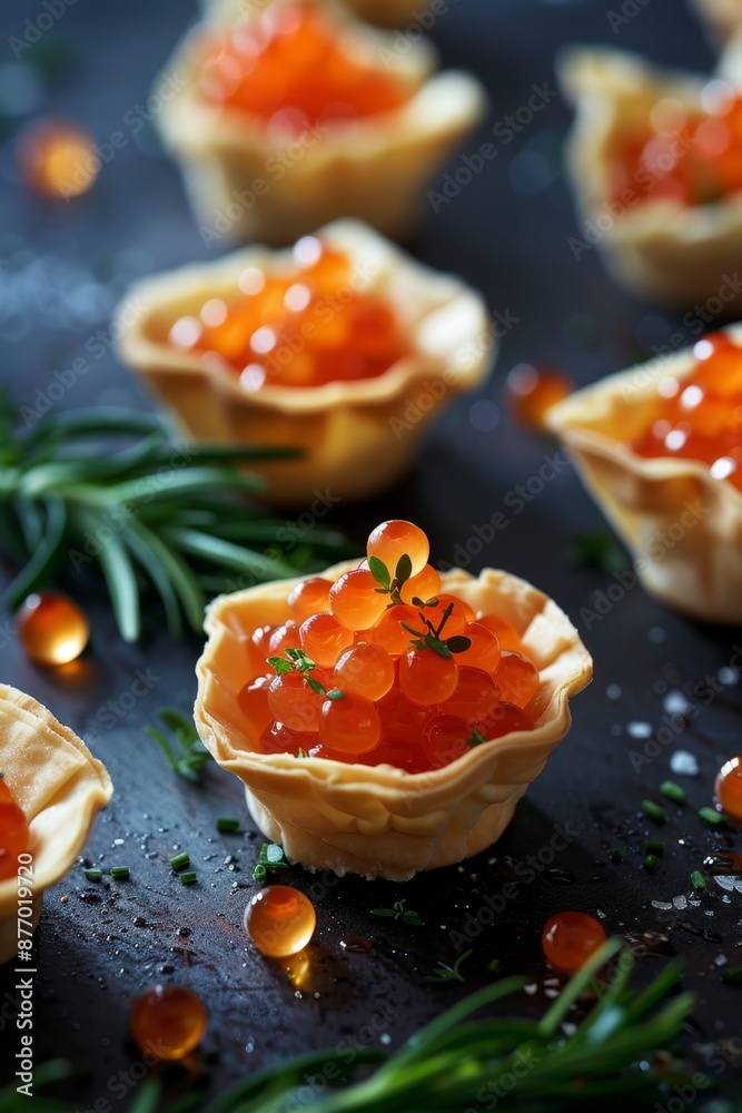 Tiny appetizers made of red caviar in small pastry shells Tiny appetizers made of red caviar in small pastry shells