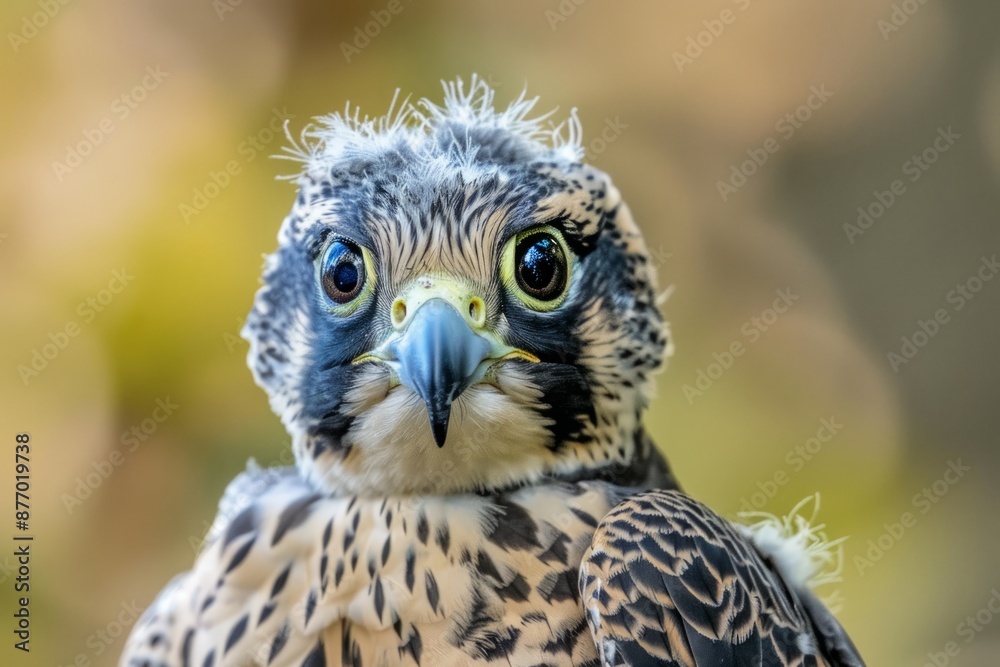 Naklejka premium A recently fledged young Peregrine Falcon checks out its recently acquired jewelry - bird band.