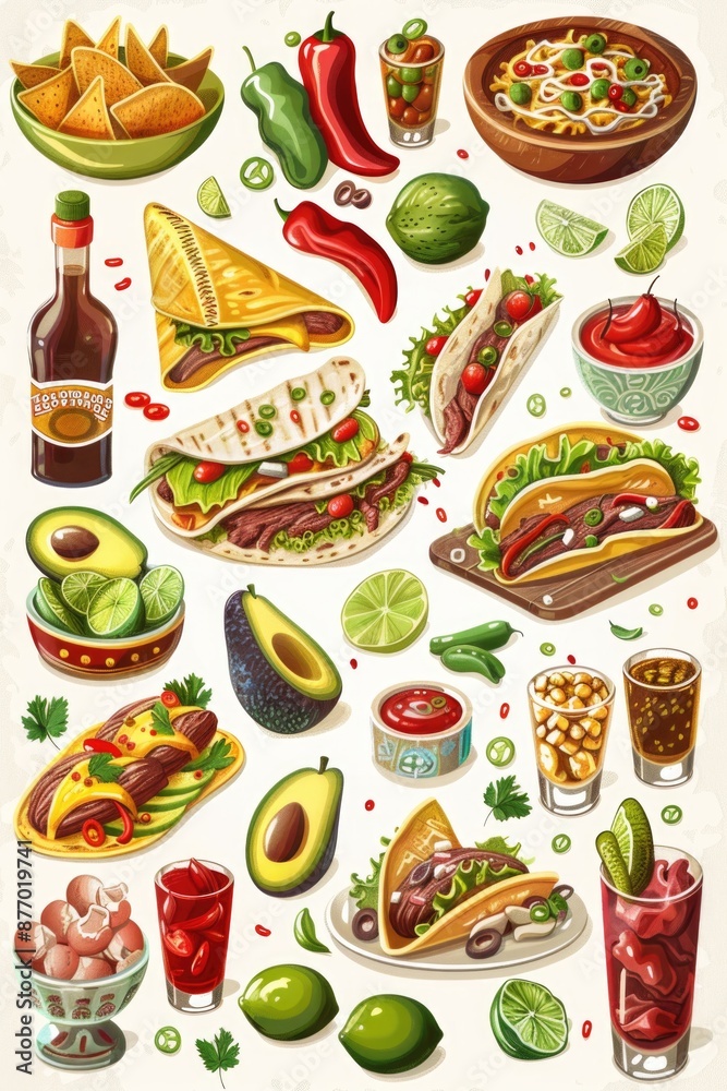 Mexican cuisine with various dishes and beverages Mexican cuisine with various dishes and beverages
