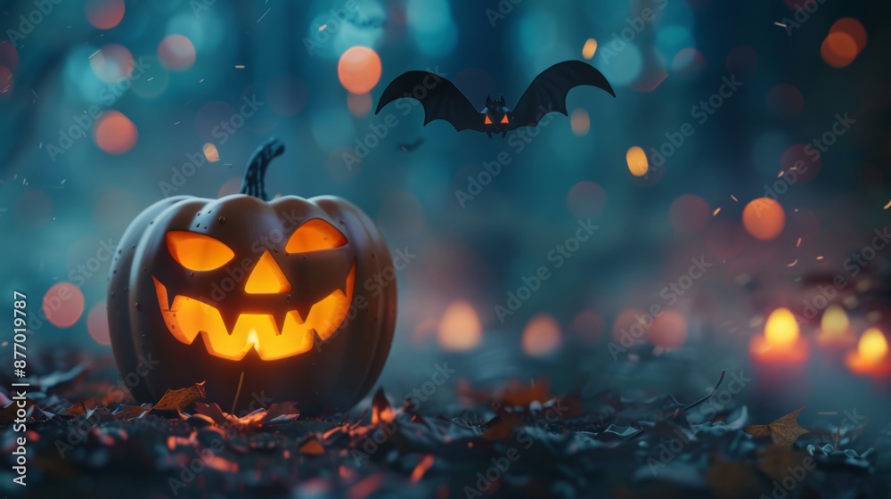 Jack-o'-lantern and flying bats with glowing lights on a dark background. Jack-o'-lantern and flying bats with glowing lights on a dark background.