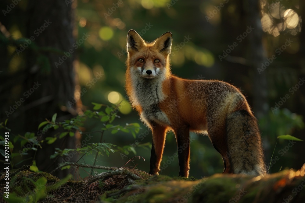Obraz premium A Red Fox traverses the deep forest at sundown.