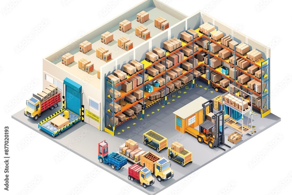 smart warehouse management system for factory shipment, isometric, isolated white background smart warehouse management system for factory shipment, isometric, isolated white background