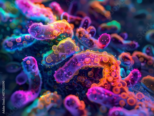 Abstract, vibrant, and colorful microscopic image with a focus on vibrant shapes and textures.