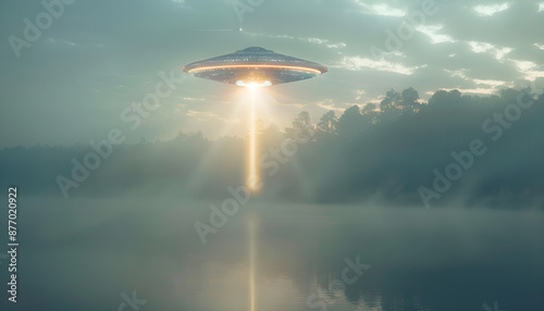 Alien spaceship emitting light beam in air over lake. UFO
