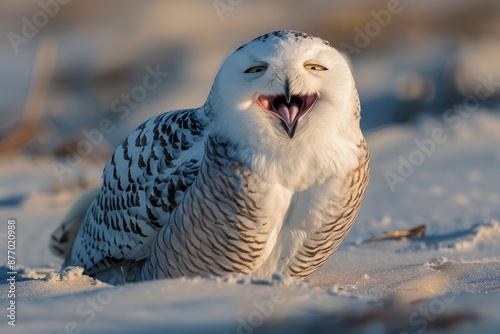 A Snowy Owl perched in the sand looking like she is laughing photo