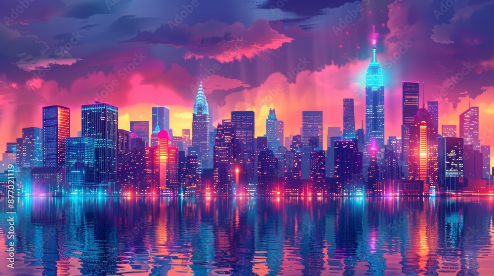 Obraz premium Abstract cityscape with sharp, angular buildings and vivid, exaggerated colors. Cartoon illustrations vectors Generative AI