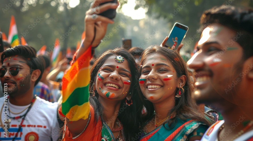 Obraz premium Vibrant Indian Festival Celebration with Joyful Crowd. Indian Independence Day