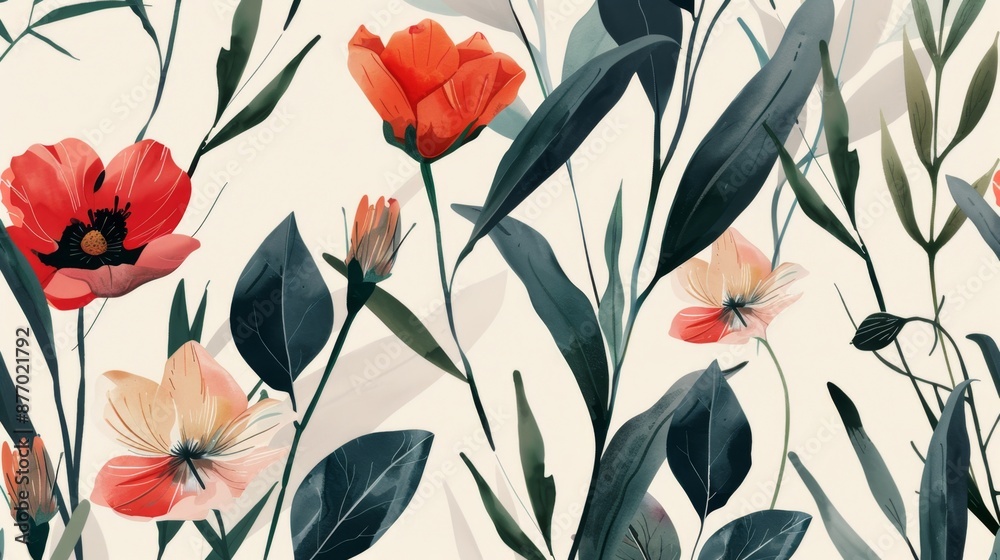 Elegant Floral Pattern with Vibrant Red and Delicate Pink Flowers Elegant Floral Pattern with Vibrant Red and Delicate Pink Flowers