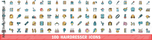 100 hairdresser icons set. Color line set of hairdresser vector icons thin line color flat on white