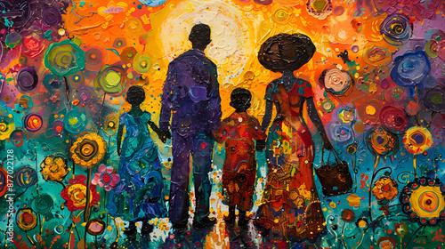 a painting of a family walking
