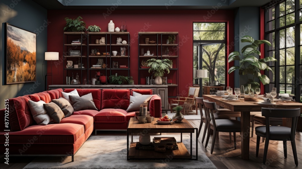 Obraz premium Cozy Autumn Living Room Interior with Large Windows and Vibrant Foliage View