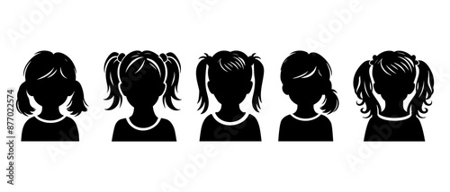 silhouettes of  girls avatars. Profile silhouette of children, front view black filled vector Illustration icon.