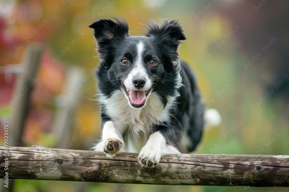 Adorable cute Border Collie jumping over fence pole Adorable cute Border Collie jumping over fence pole