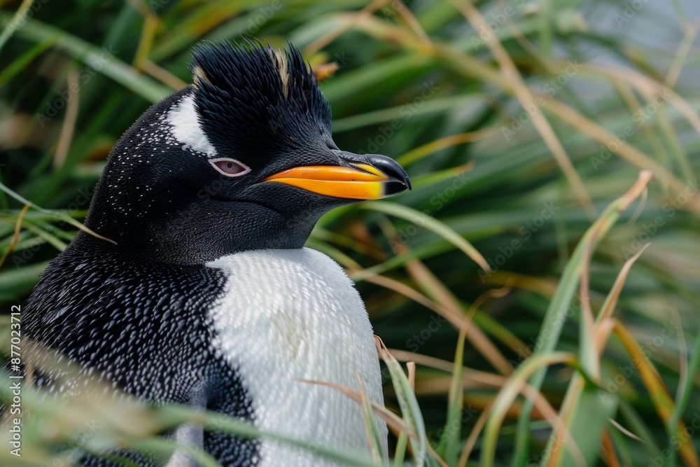 Naklejka premium Adorable Macaroni Penguin in the Grass in the Falkland Islands