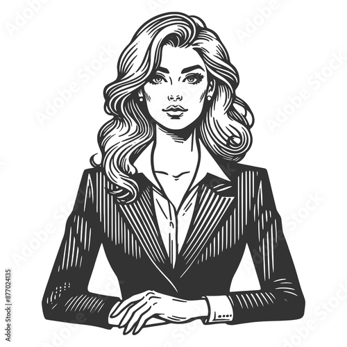 confident businesswoman wearing a suit, professionalism and poise in classic engraving style sketch engraving generative ai fictional character raster illustration. Black and white image.