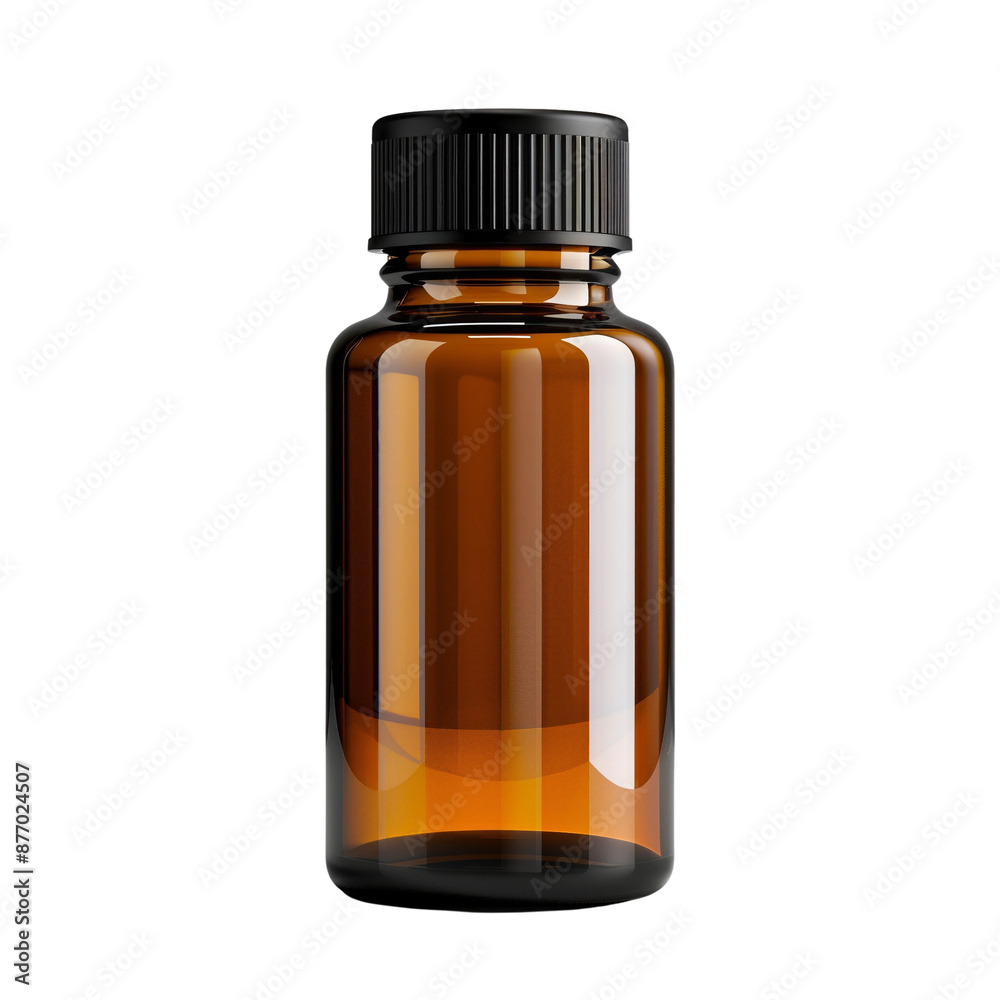 A bottle of amber colored liquid with a black cap A bottle of amber colored liquid with a black cap