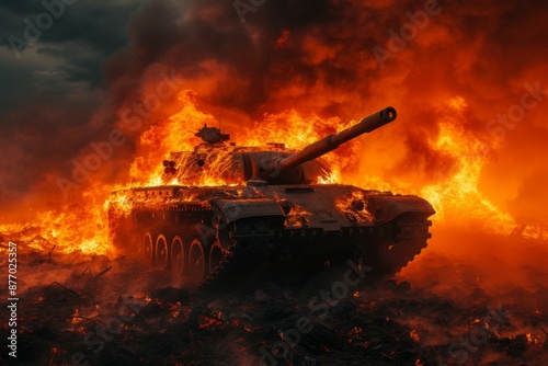Tank on fire moves through blazing battlefield surrounded by flames and smoke, depicting intense military action, illustrating the relentless struggle and sacrifice in wartime © TRAVELARIUM