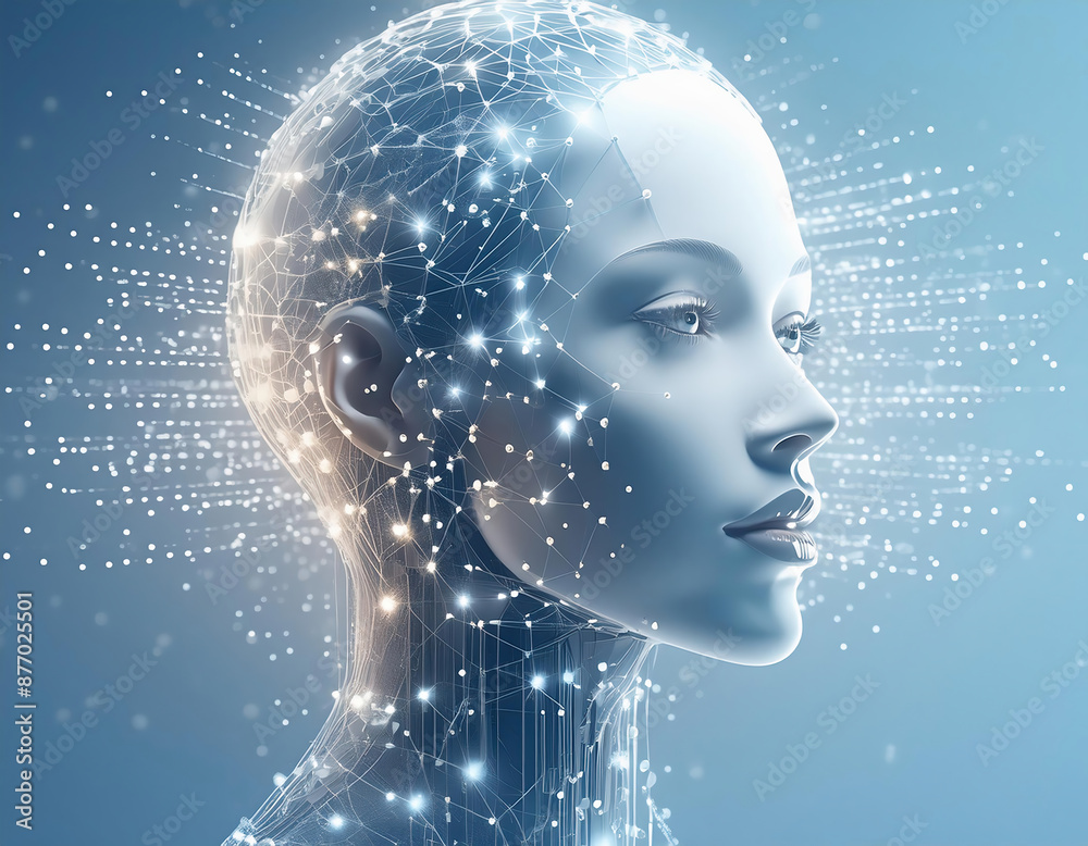 Obraz premium 3d rendering of cyborg woman face with circuit brain on soft blue background