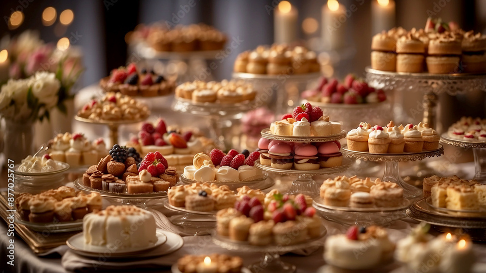 Dessert Buffet Extravaganza Create a sweeping shot of a dessert buffet spread, featuring an array of miniature pastries, cakes, and tarts displayed on elegant tiered trays Dessert Buffet Extravaganza Create a sweeping shot of a dessert buffet spread, featuring an array of miniature pastries, cakes, and tarts displayed on elegant tiered trays