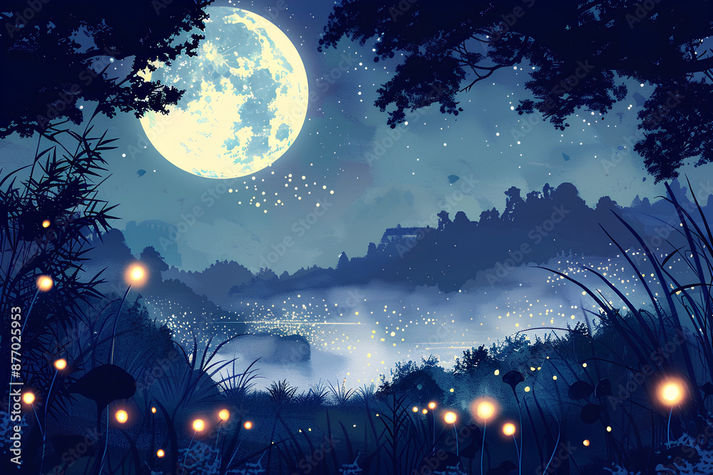 満月と蛍の夜景 満月と蛍の夜景