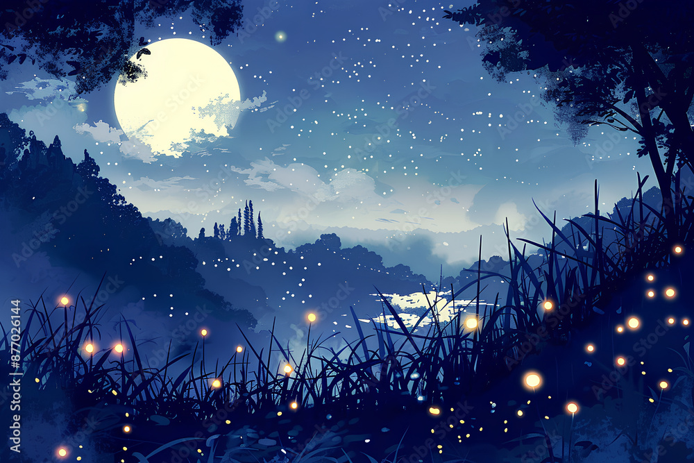 Fototapeta premium 満月と蛍の夜景